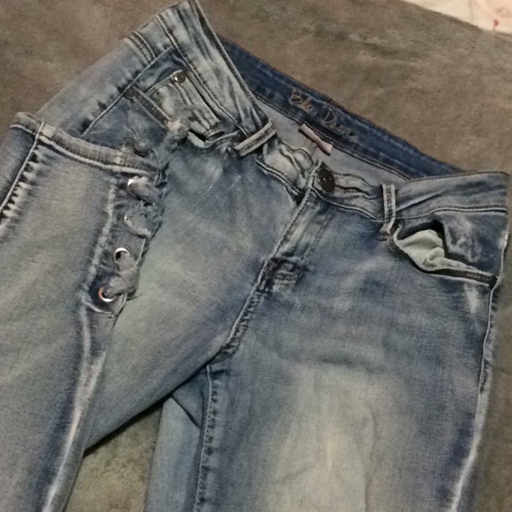 blue desire light wash jeans with distressed ties